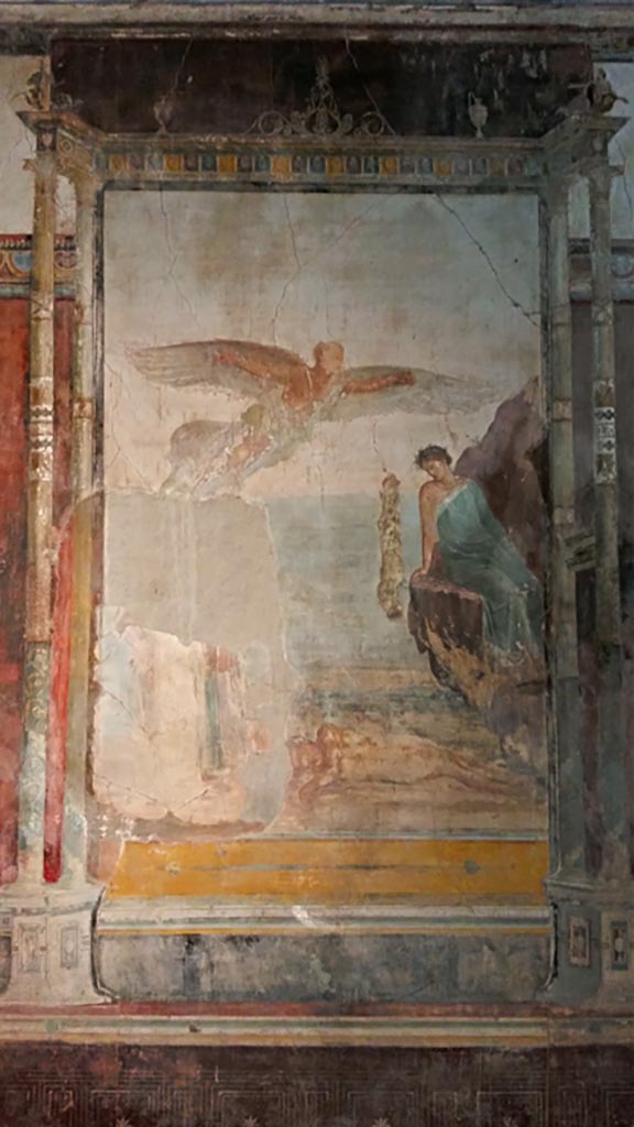 VIII.1.a, Pompeii. 2016/2017
Central wall painting from south wall of oecus A. Photo courtesy of Giuseppe Ciaramella.