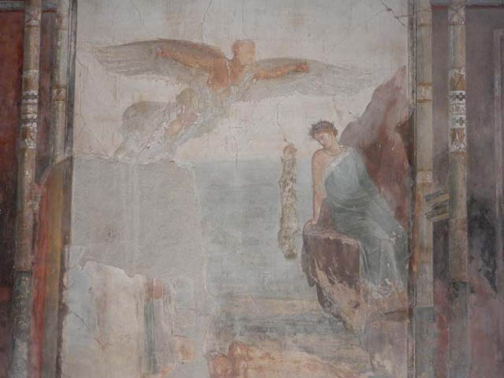 VIII.1.a, Pompeii. May 2018. Detail of central painting of Fall of Icarus, from south wall.
Photo courtesy of Buzz Ferebee.