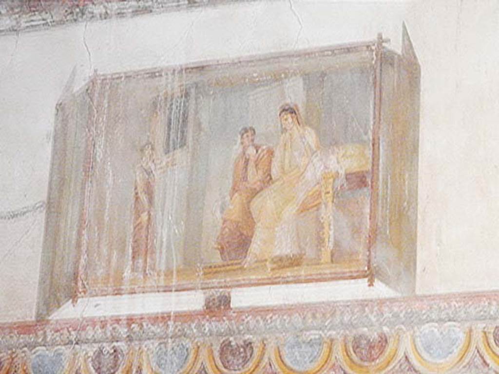 VIII.1.a, Pompeii. May 2018. Painted panel from east end of south wall of seated Poetess, Corinna, Sapho.
Photo courtesy of Buzz Ferebee