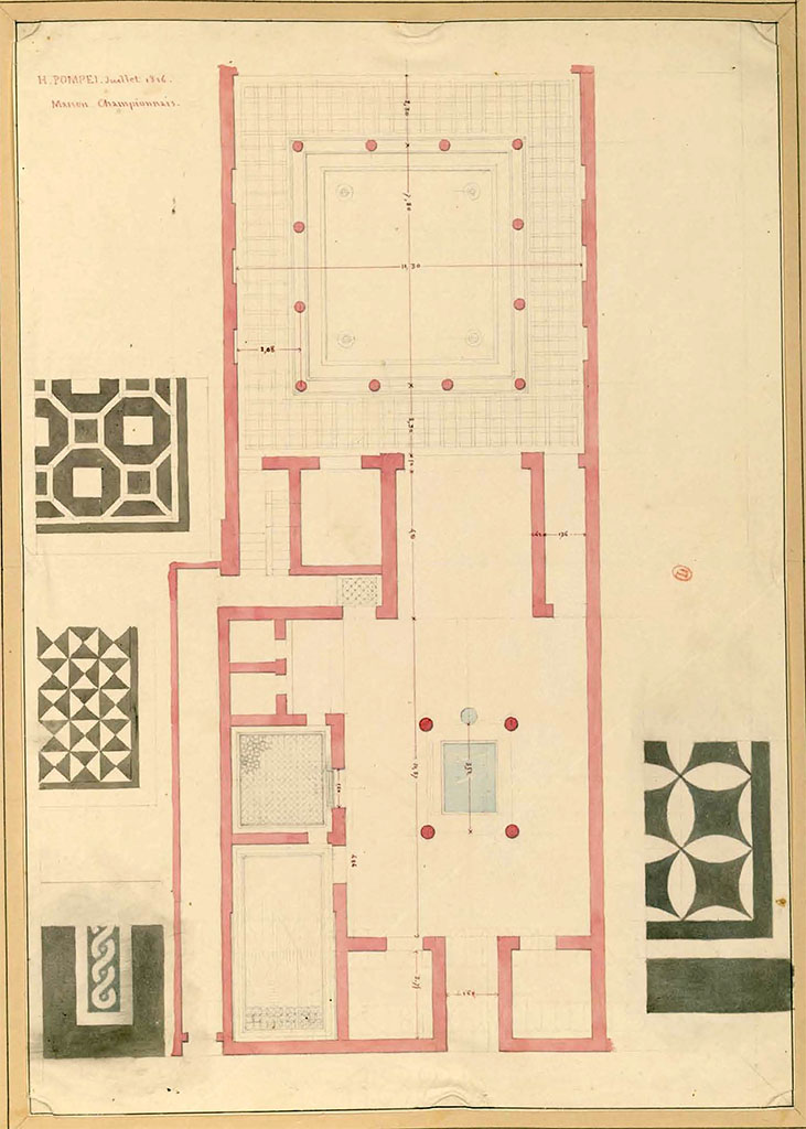 VIII.2.1 Pompeii July 1826. Plan of house, including mosaics from floors, by P.A. Poirot.
See Poirot, P. A., 1826. Carnets de dessins de Pierre-Achille Poirot. Tome 2 : Pompeia, pl. 37.
See Book on INHA  Document placé sous « Licence Ouverte / Open Licence » Etalab