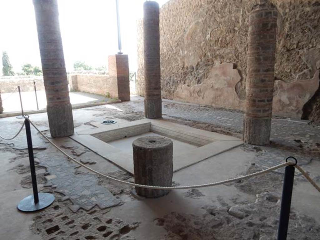VIII.2.1 Pompeii. May 2018. Looking south-west across impluvium in atrium towards tablinum and corridor to rear rooms. Photo courtesy of Buzz Ferebee.