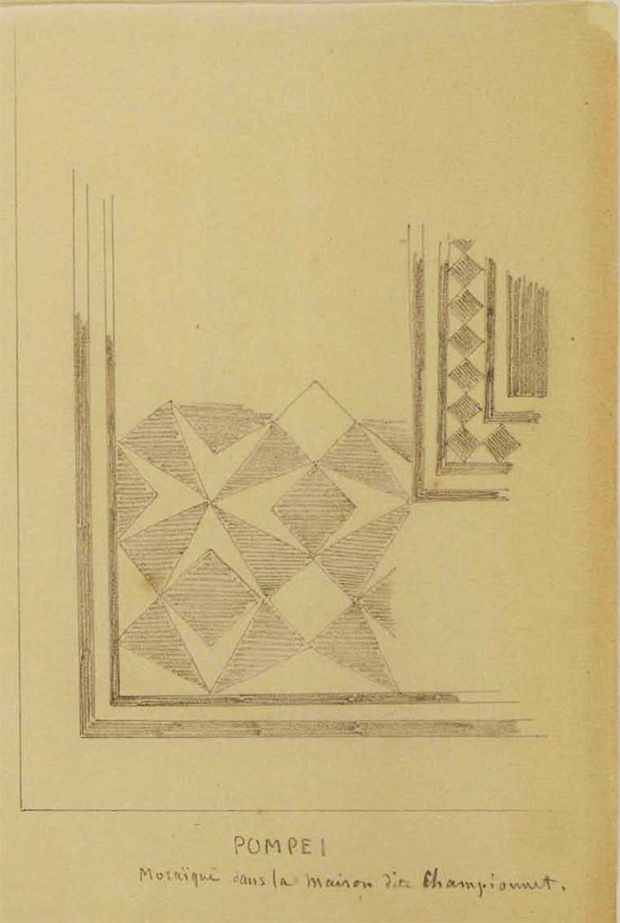 VIII.2.1 Pompeii. Drawing by J.B.C. Lesueur, showing floor mosaic and part of border around central emblema.
According to Lesueur, this is a mosaic from the House called Championnet.
According to PPM, this is a floor mosaic from the room on the west side of entrance corridor.
See Lesueur, Jean-Baptiste Ciceron. Voyage en Italie de Jean-Baptiste Ciceron Lesueur (1794-1883), pl. 42.
See Book on INHA reference INHA NUM PC 15469 (04)  « Licence Ouverte / Open Licence » Etalab
