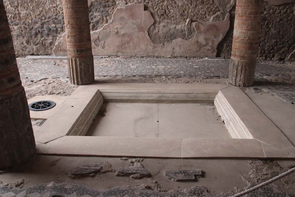 VIII.2.1 Pompeii. October 2020. Looking west across impluvium in atrium, towards remains of wall decoration on west wall. 
Photo courtesy of Klaus Heese.