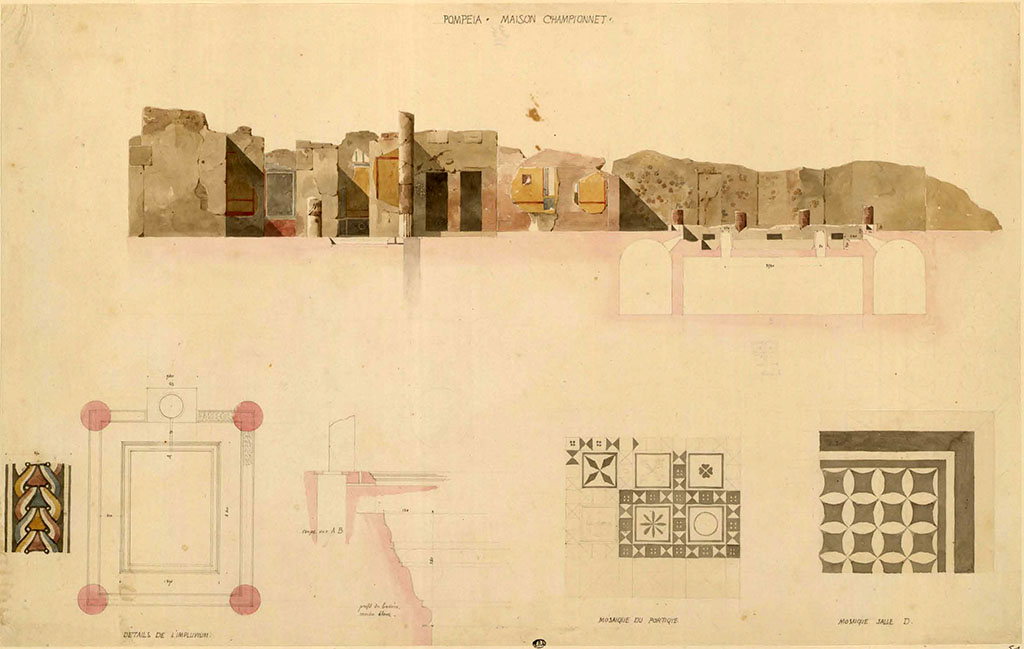 VIII.2.1 Pompeii. Between 1823 and 1828, drawing by F. Duban showing (above) the east side of the atrium, on left, and east portico with lower rooms, on right.
On the line below are –
on the left is the surround of the impluvium, detail of the impluvium, detail of part of mosaic in portico, and flooring in room D (the triclinium in north-east corner). 
See Duban F. Album de dessins d'architecture effectués par Félix Duban pendant son pensionnat à la Villa Medicis, entre 1823 et 1828: Tome 2, Pompéi, pl. 51.
INHA Identifiant numérique NUM PC 40425 (2)
https://bibliotheque-numerique.inha.fr/idurl/1/7157  « Licence Ouverte / Open Licence » Etalab