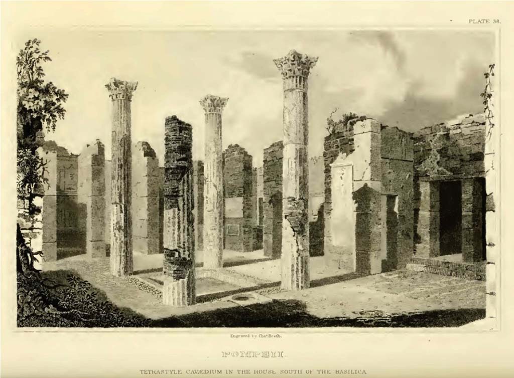VIII.2.1 Pompeii. Looking north-east across atrium. In the cubiculum, on the left, the decorated north wall can be seen.
According to Gell, this is a view of the cavaedium of the house, s. w. of the basilica.
It is of the species termed by Vitruvius tetrastyle: the columns are of brick, plastered. 
This and the adjoining house were excavated by the French General Championnet. 
The entrance is to the left in the view. The floors are paved with mosaic.
See Gell, W. Pompeiana 3rd Ed., 1852, p. 138, Plate XXXIX.