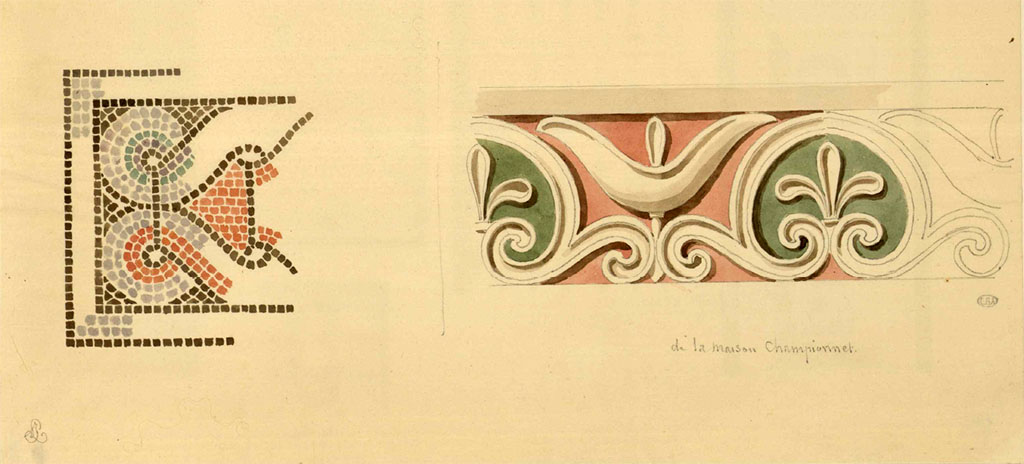 VIII.2.1 Pompeii. Sketch by Jacques Hittorff, showing sketched edge of impluvium in atrium, and part of coloured stucco decoration.
See Hittorff, Jacques Ignace (1792-1867). Carnet de dessins (14), pl. 5.
See Book on INHA reference INHA NUM PC 43236  « Licence Ouverte / Open Licence » Etalab
