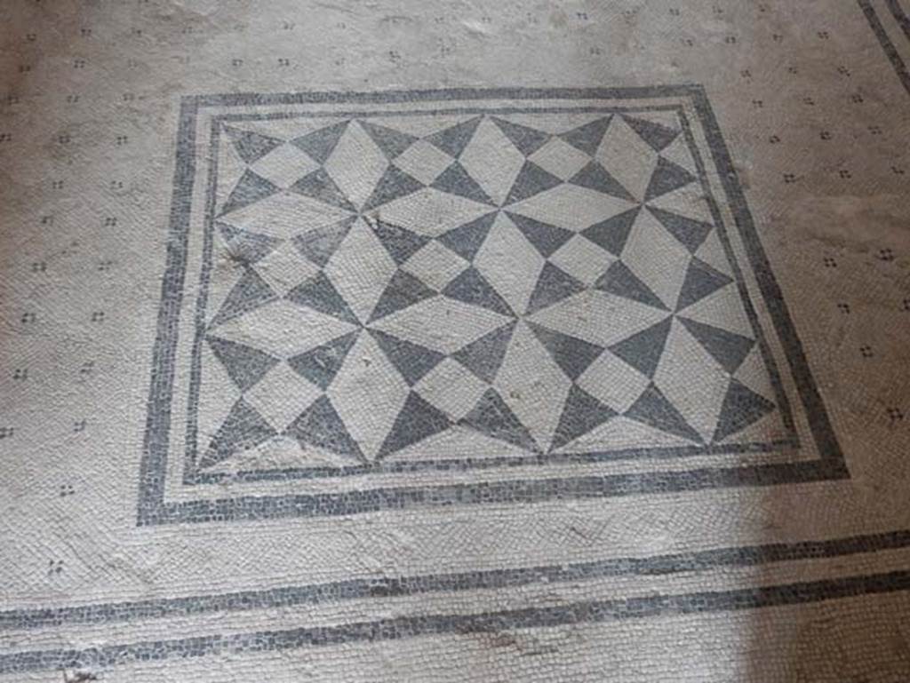 VIII.2.1 Pompeii. May 2018. Black and white mosaic flooring with “carpet” of four-sided stars set in square edged with two rows of mosaics in black. Photo courtesy of Buzz Ferebee.