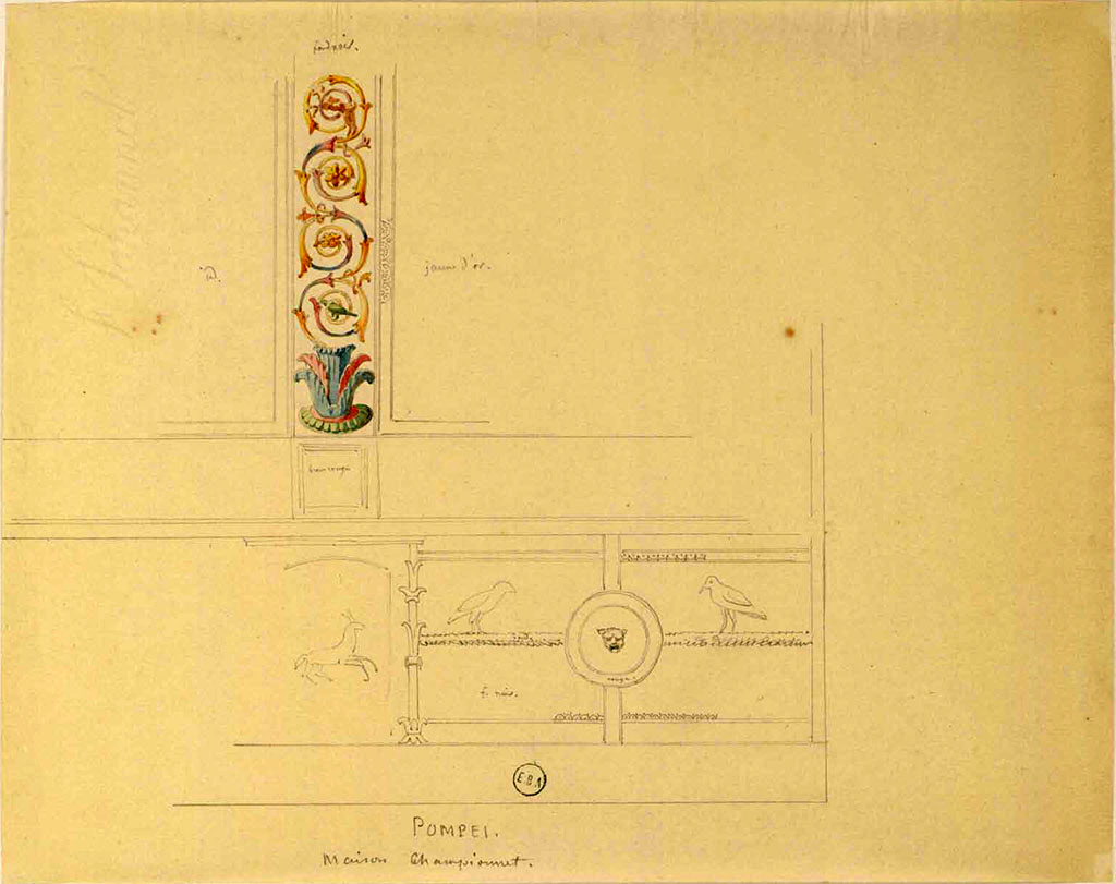 VIII.2.1 Pompeii. Drawings of decorations from a side of a room probably wall of exedra/oecus on east side of atrium.
See Lesueur, Jean-Baptiste Ciceron. Voyage en Italie de Jean-Baptiste Ciceron Lesueur (1794-1883), pl. 82.
See Book on INHA reference INHA NUM PC 15469 (04)  « Licence Ouverte / Open Licence » Etalab