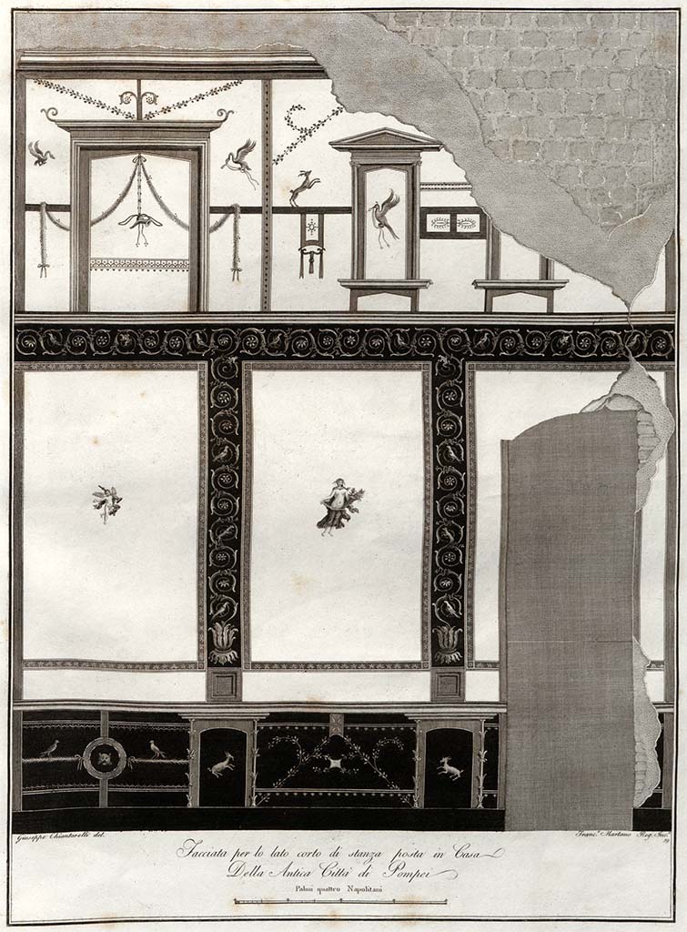 VIII.2.1 Pompeii. Pre 1838. Short (south) wall of exedra/oecus on east side of atrium.
Described as “Arabesques, figures and animals belonging to a wall of House of the Cortile of the Tetrastyle at Pompeii.”
See Gli ornati delle pareti ed i pavimenti delle stanze dell'antica Pompei incisi in rame: 1838, Tav. 59.