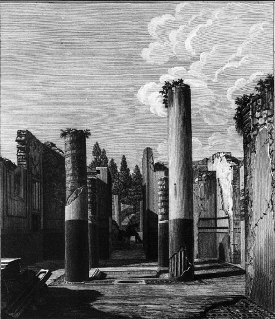 VIII.2.3 Pompeii. 1824. House in its actual state as drawn by Mazois.
Looking north from tablinum, across atrium to entrance doorway. Some of the atrium wall decoration can still be seen.
See Mazois, F., 1824. Les Ruines de Pompei: Second Partie. Paris: Firmin Didot. (p. 61, Plate XX fig 1).
According to La Vega –
“Il tablinio per quanto sussiste, apparisce di essere stato dipinto di colore giallo, ed avere avuto il pavimento di marmi diversi.
Del peristilio ne rimangono pochi avanzi.  La stessa casa ha un sotterraneo, secondo qualche piccola porzione che se n’era scoperta.”
(trans: "The tablinum, the part that exists, appears to have been painted yellow, and having had a floor of several different marbles. There are a few remains left of the peristyle. The house itself had an underground area, according to the few small portions that have been discovered.")
See Pagano M., 1997. I diari di scavo di Pompei, Ercolano e Stabia di Francesco e Pietro La Vega (1764-1810). Roma, (p.159).