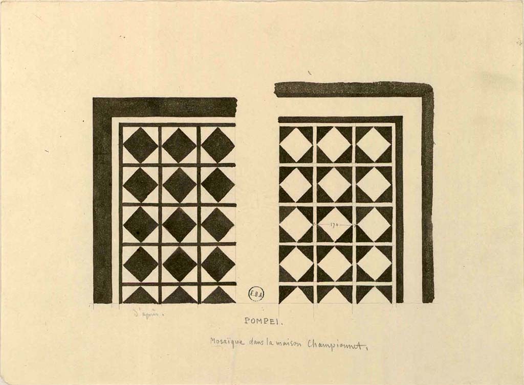 VIII.2.1 Pompeii. Drawing by Lesueur of floor mosaics from the House of Championnet, possibly from the corridor on west side of tablinum.
See Lesueur, Jean-Baptiste Ciceron. Voyage en Italie de Jean-Baptiste Ciceron Lesueur (1794-1883), pl. 48.
See Book on INHA reference INHA NUM PC 15469 (04)  « Licence Ouverte / Open Licence » Etalab