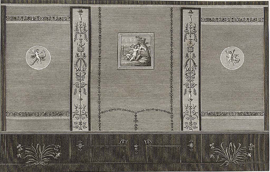 VIII.2.1 Pompeii. 1824 drawing by Mazois of west wall in triclinium, or cubiculum (n in PPP).
See Mazois, F., 1824. Les Ruines de Pompei: Second Partie. Paris: Firmin Didot. (Plate XXIII fig. 1).