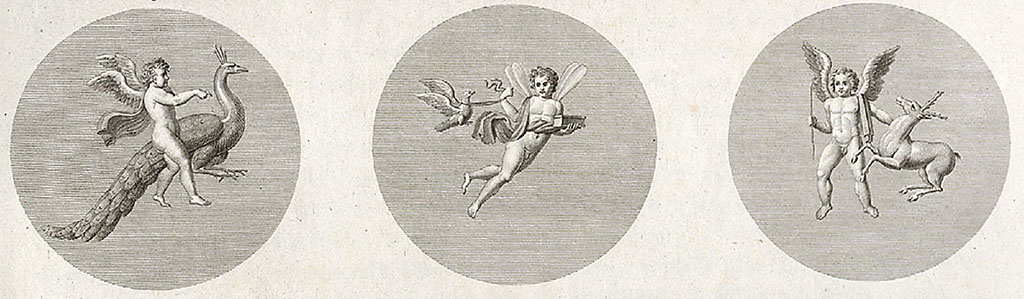VIII.2.1 Pompeii. 1824 drawing by Mazois of cupids on west wall in triclinium, or cubiculum (n in PPP).
See Mazois, F., 1824. Les Ruines de Pompei: Second Partie. Paris: Firmin Didot. (Plate XXIII figs. 2, 3, 4).