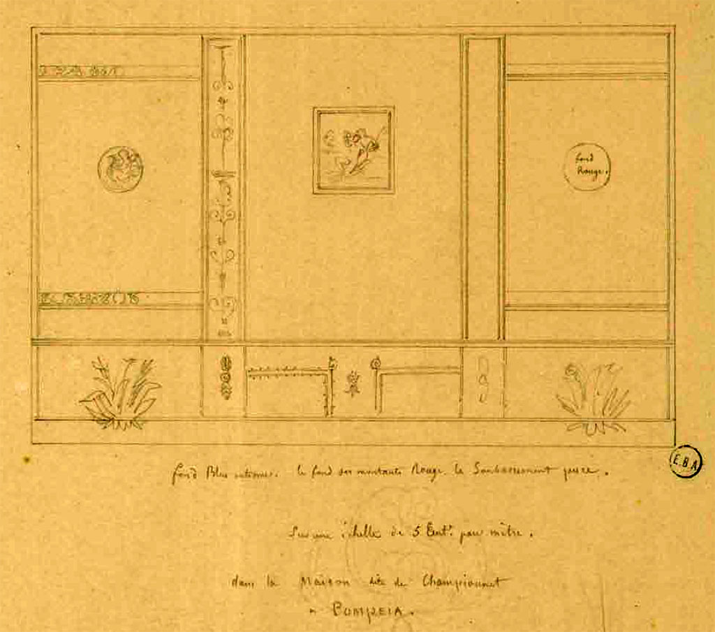 VIII.2.1 Pompeii. Drawing of west wall of triclinium/cubiculum. 
See Lesueur, Jean-Baptiste Ciceron. Voyage en Italie de Jean-Baptiste Ciceron Lesueur (1794-1883), pl. 78.
See Book on INHA reference INHA NUM PC 15469 (04)  « Licence Ouverte / Open Licence » Etalab