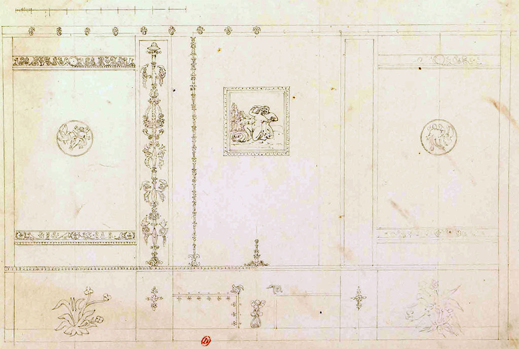 VIII.2.1 Pompeii. July 1826.  Drawing of west wall of triclinium/cubiculum, by P.A. Poirot.
See Poirot, P. A., 1826. Carnets de dessins de Pierre-Achille Poirot. Tome 2 : Pompeia, pl. 39.
See Book on INHA  Document placé sous « Licence Ouverte / Open Licence » Etalab
