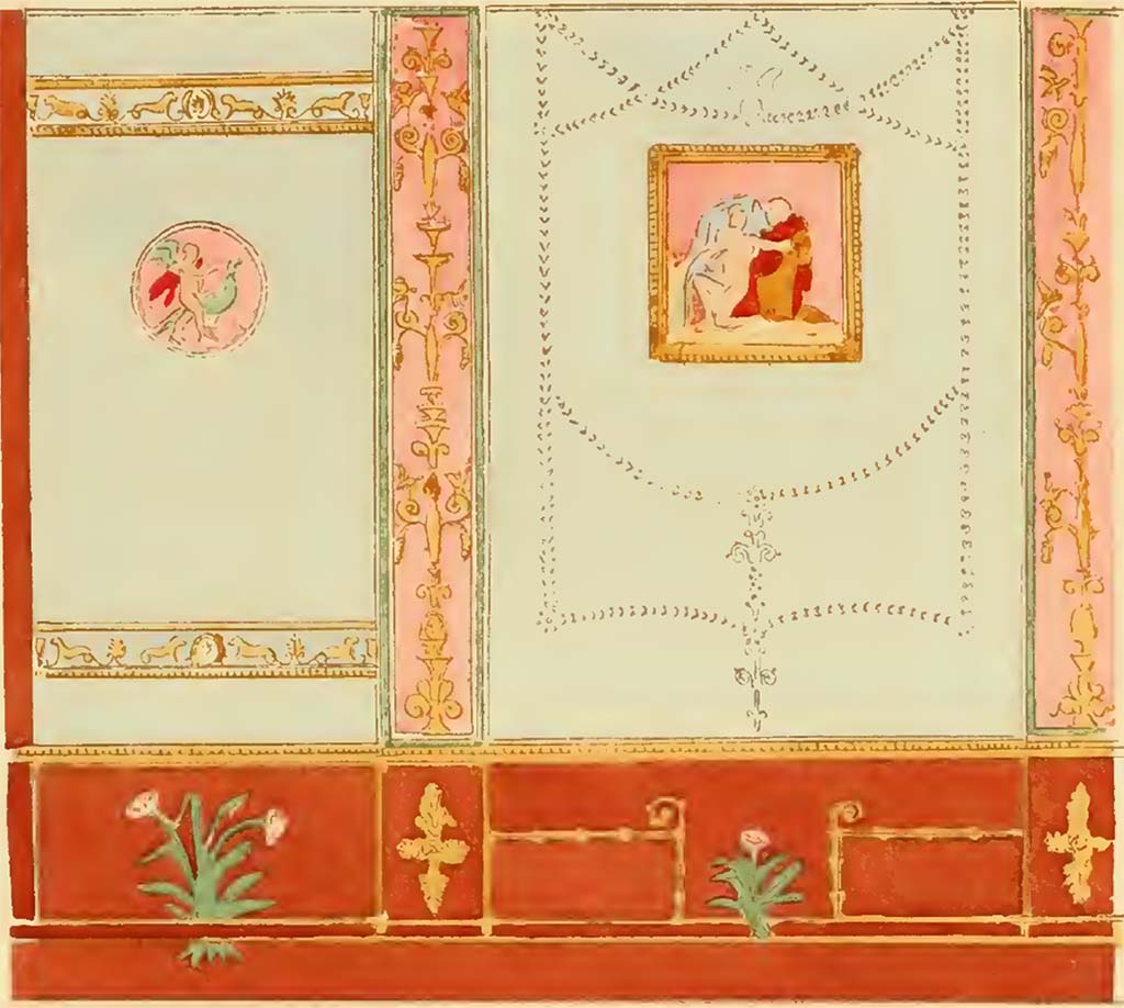 VIII.2.1 Pompeii. Painting by Gusman of west wall in triclinium, or cubiculum 
(XXI. 2° Panneau extrait des originaux de l'architecte Mazois.)
See Gusman P., 1924. La Décoration Murale de Pompei. Paris : Morancé, pl. XXI,2.