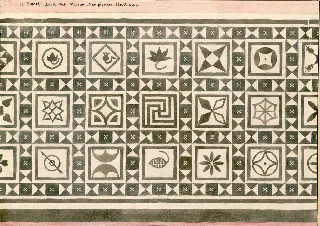 VIII.2.1 Pompeii. July 1826. Mosaic flooring, painting by P. A. Poirot.
See Poirot, P. A., 1826. Carnets de dessins de Pierre-Achille Poirot. Tome 2 : Pompeia, pl. 38 H.
See Book on INHA  Document placé sous « Licence Ouverte / Open Licence » Etalab