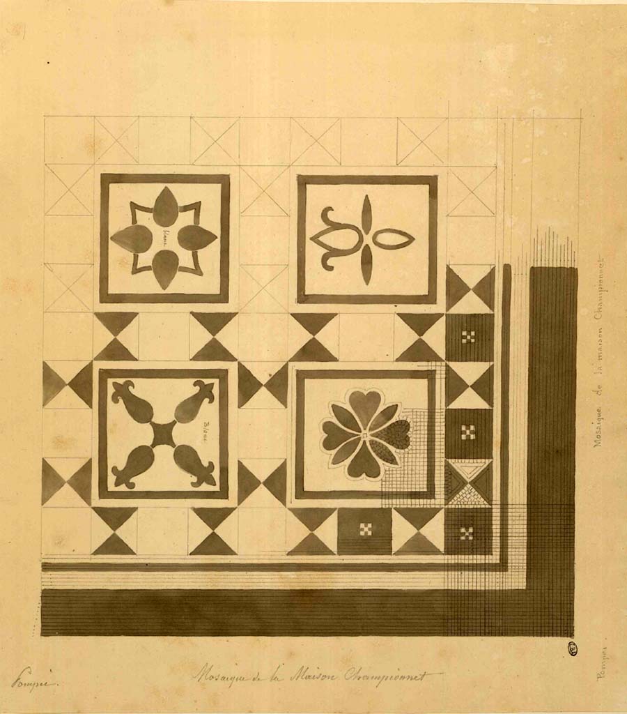 VIII.2.1 Pompeii. Mosaic flooring from peristyle, drawing by Jacques Hittorff.
See Hittorff, Jacques Ignace (1792-1867). Carnet de dessins (14), pl. 2.
See Book on INHA reference INHA NUM PC 43236  « Licence Ouverte / Open Licence » Etalab