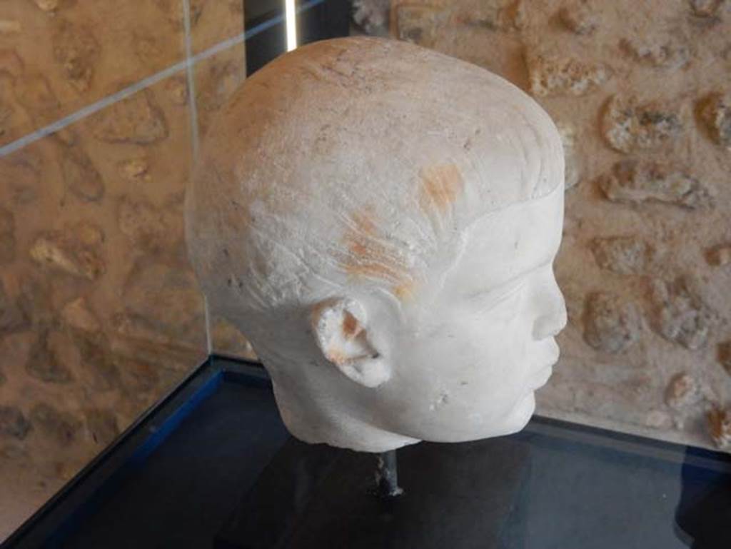 On display in Championnet complex Pompeii. May 2018. Marble youthful head, side view.
Photo courtesy of Buzz Ferebee.