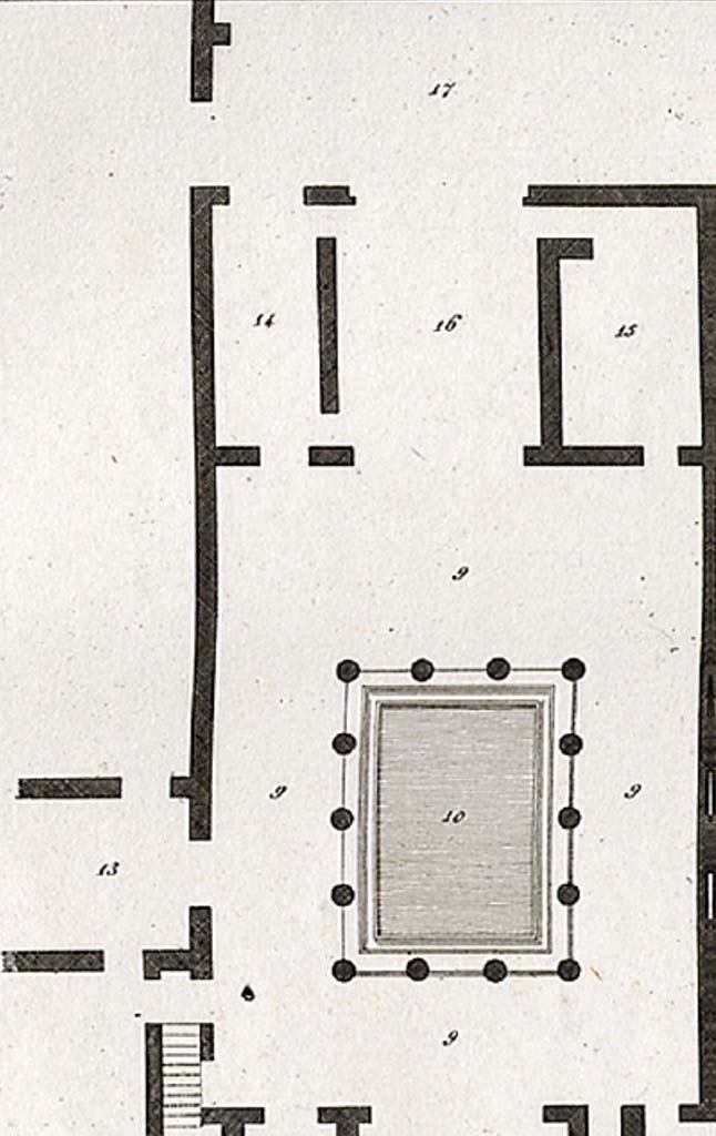 VIII.2.3 Pompeii. 
Rear (south) part of peristyle/garden area numbered 9 and 10 on part of plan by Mazois.
13 would have been a large room, (doorways, now bricked up). 
  According to Mazois, it was part of a large apartment which had not yet been excavated.
14: room or oecus in south-east corner of peristyle area, leading through to terrace. 
15: room or oecus in south-west corner of peristyle area.
16: large oecus on south side of peristyle garden, with fine view from terrace.
17: would have been a terrace, built over the city walls with fine views towards the sea.
See Mazois, F., 1824. Les Ruines de Pompei : Second Partie. Paris: Firmin Didot, p.61, (part of. Pl. XXI).
