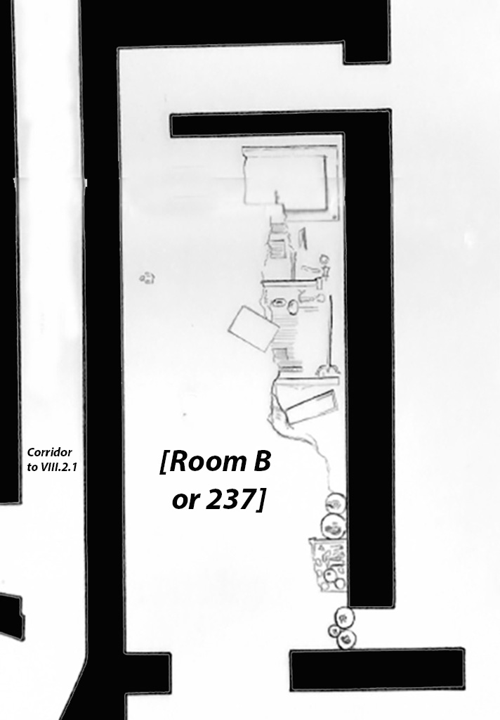 VIII.2.3 Pompeii. 1937. Plan showing triclinium B (room 237) and the position of the furniture discovered. After AS-MANN, II Inv. 142 f. 16 D3.
See Zanella S., 2019. La caccia fu buona: Pour une histoire des fouilles à Pompéi de Titus à l’Europe. Naples : Centre Jean Bérard, p. 262, fig. 152.
From 28th January 1937 (p.257), many objects were found on the layer of ash near the floor towards the east wall of Room B, (or VIII.2.3-5, room 237).
Many of the items found are listed on pages 257 – 268. 
On the 6th February 1937 (p.266) –
“In room B, the work of cleaning the signinum floor continued, taking care to observe the alluvial mud layers in detail.
Found near the eastern face of the imprint of the couch, were: Bronze:..... Bone:..... Glass paste:.....
During the collection of the objects, several stuccoes of the central painting from the eastern wall were recovered among the rubble.”
On the 9th February 1937 (p.268) –
“in this room, the collection of the fragments of the stucco from the central painting had also been completed, which from its recomposition had resulted in a painting 1.10m x 0.75m; it depicted the myth of Acteon and Diana in a pictorial version different from the well-known representation.”
See Zanella S., 2019. La caccia fu buona: Pour une histoire des fouilles à Pompéi de Titus à l’Europe. Naples : Centre Jean Bérard, pp. 257-268.