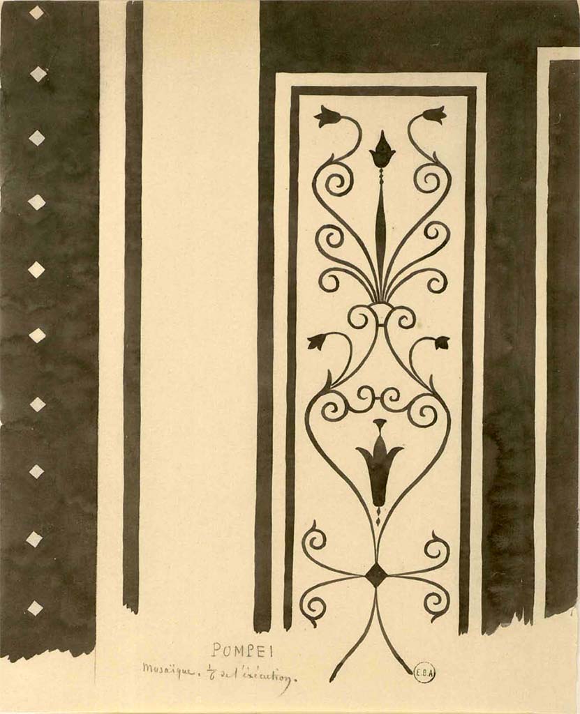 VIII.2.1 Pompeii. Watercolour sketch of mosaic threshold and possibly its floor, by J.B.C. Lesueur.
See also H. Roux, above.
See Lesueur, Jean-Baptiste Ciceron. Voyage en Italie de Jean-Baptiste Ciceron Lesueur (1794-1883), pl. 39.
See Book on INHA reference INHA NUM PC 15469 (04)  « Licence Ouverte / Open Licence » Etalab
