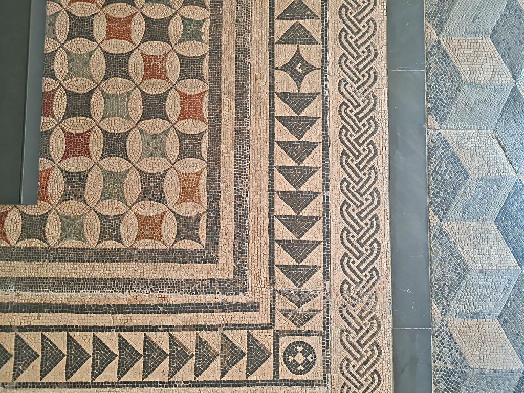 VIII.2.3 Pompeii (?) or Villa dei Papiri, Herculaneum. June 2024. 
Detail of mosaic panel set into floor in room CXXX (130) of Naples Archaeological Museum, described by them as being from the Library of the Villa dei Papiri. Photo courtesy of Giuseppe Ciaramella.