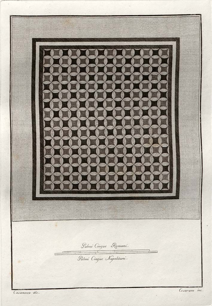 VIII.2.3 Pompeii (?). Pre 1808. 
Drawing by Casanova of mosaic floor, (14 designs x 16 designs) which may or may not be from this house.
See Gli ornati delle pareti ed i pavimenti delle stanze dell'antica Pompei incisi in rame: parte II, 1808 and 1838.