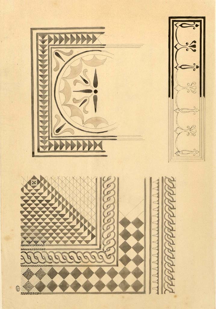VIII.2.1-3 Pompeii. 
Drawings of details of mosaics, possibly from one of the rooms in the two linked houses of VIII.2.1 and VIII.2.3, by Jacques Hittorff.
See Hittorff, Jacques Ignace (1792-1867). Carnet de dessins (14), pl. 3.
See Book on INHA reference INHA NUM PC 43236  « Licence Ouverte / Open Licence » Etalab