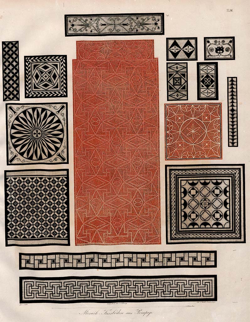 VIII.2.1-3 Pompeii. Pre-1842. Drawings of mosaics by Zahn from several houses.
According to Zahn - for the most part, these are from a house near to the Basilica, between the House of Championnet and the Curia.
Other than the central (red) mosaic which was from the entrance corridor at VII.4.31 and the red square mosaic, on the right, from VIII.2.13.
See Zahn, W., 1842-44. Die schönsten Ornamente und merkwürdigsten Gemälde aus Pompeji, Herkulanum und Stabiae: II. Berlin: Reimer, taf. 96.
