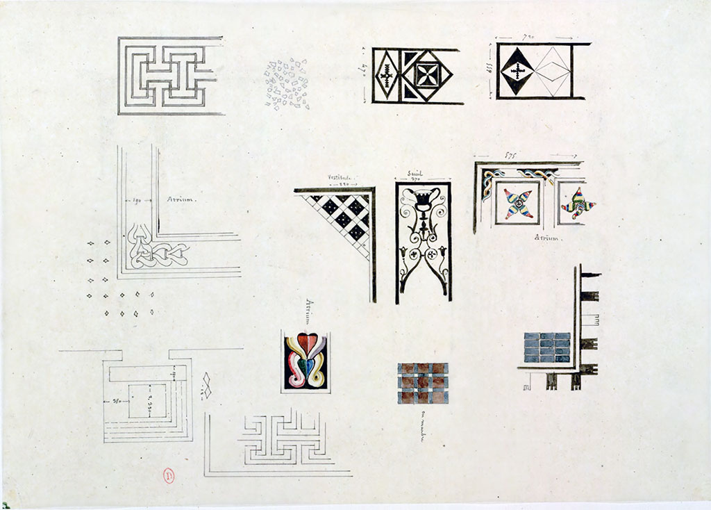 VIII.2.1-3 Pompeii. Unnamed and undated drawings of various mosaics, by Chenavard. 
See Chenavard, Antoine-Marie (1787-1883) et al. Voyage d'Italie, croquis Tome 3, pl. 101.
INHA Identifiant numérique : NUM MS 703 (3). See Book on INHA 
Document placé sous « Licence Ouverte / Open Licence » Etalab   
Comparing these paintings with the floor plan painted by Skovgaard suggests many of these may be from VIII.2.1-3 -
Top row – 
Left - from the south side of the Exedra or Tablinum, VIII.2.3.
Centre left – possibly from cubiculum in south-east corner of atrium, VIII.2.3.
Centre right – threshold from cubiculum in the north-west corner of the atrium, VIII.2.3.
Right – threshold from cubiculum in the north-east corner of the atrium, VIII.2.3.
Centre row – 
Left, from the border of the impluvium in the atrium of VIII.2.3.
Centre left, vestibule/entrance corridor of VIII.2.3.
Centre right, mosaic from the threshold to the ala, VIII.2.3.
(According to Mazois – from either VIII.2.1 or VIII.2.3, (See Mazois, F., 1824. Les Ruines de Pompei : Second Partie. Paris : Firmin Didot, pl. XL.).
Right, possible emblema from Tablinum or Exedra of VIII.2.3 as shown by Skovgaard, but here described as “atrium”.
Lower row –
Left – unknown.
Centre left, top – described as from “atrium”, probably from border around impluvium in VIII.2.1. See sketches by Hittorff, Lesueur amd Duban in VII.2.1.
Centre left, lower – very similar to mosaic from south side of Exedra of VIII.2.3?
Centre right, unknown.
Right, unknown - similar mosaics, but with differing tower patterns, are in II.4.6, VI.1.7/25, VIII.3.8, VIII.4.15.