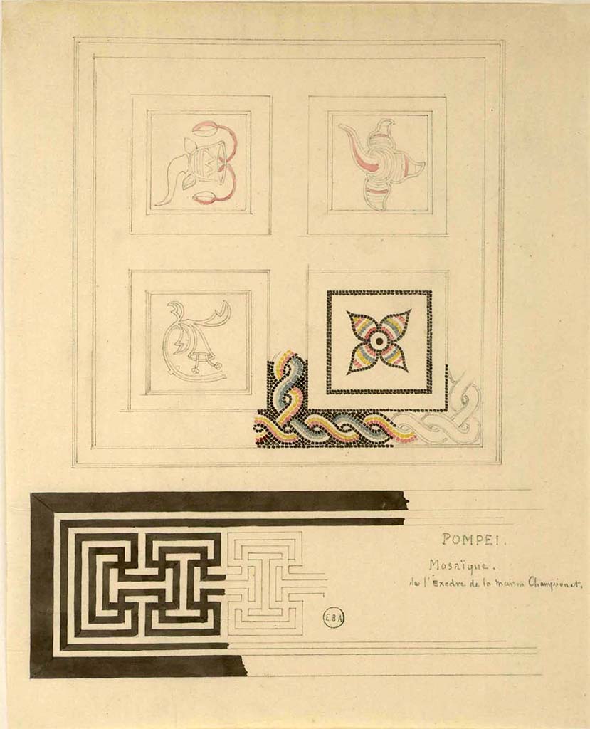 VIII.2.1 Pompeii. 
According to the writing, this is a drawing/watercolour of the mosaic flooring from the Exedra of the House of Championnet.
No location found yet. 
See Lesueur, Jean-Baptiste Ciceron. Voyage en Italie de Jean-Baptiste Ciceron Lesueur (1794-1883), pl. 41.
See Book on INHA reference INHA NUM PC 15469 (04)  « Licence Ouverte / Open Licence » Etalab
