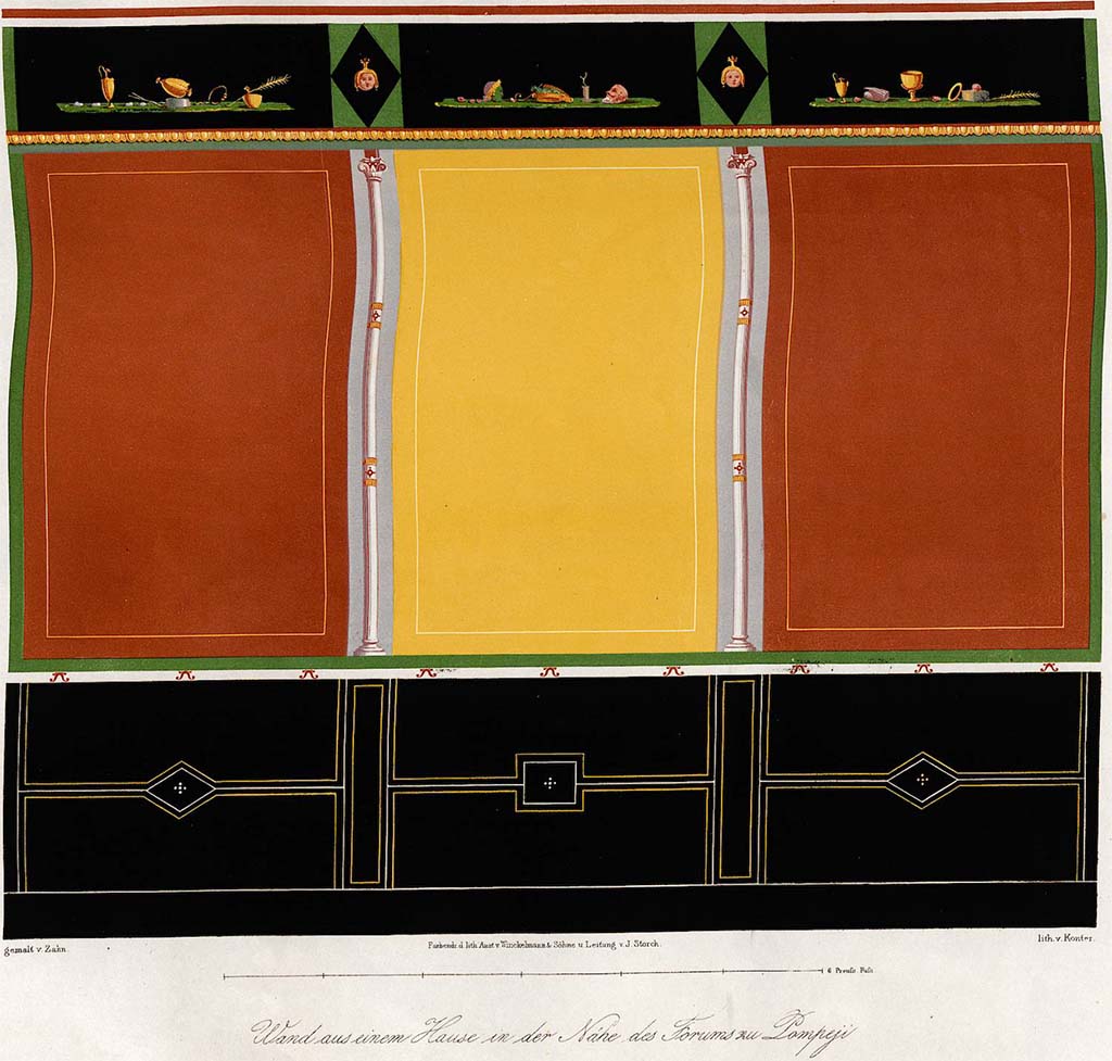 VIII.2.13? Pompeii. c.1828. Painting by Zahn of a wall of a house, of original colour.
He described it as 
- in the vicinity of the forum, this wall was found behind la Curie, opposite side to Vesuvius, in the road that leads from the forum to the Scavo della Regina.
See Zahn, W., 1842-44. Die schönsten Ornamente und merkwürdigsten Gemälde aus Pompeji, Herkulanum und Stabiae: II. Berlin: Reimer, taf. 45.
We have not managed to identify the existing wall from this painting, but there are several good candidates in this house.
In the south-east corner of the atrium, there appears to be several rooms with walls with a dark (?black) zoccolo, as well as the tablinum.
Until further investigation, this will stay here.