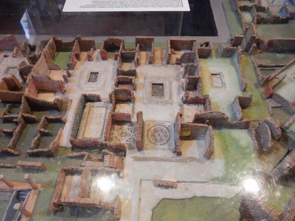 VIII.2.14 and 16, left of centre and centre, with VII.2.17/18/19/20 (part of Sarno Baths), on right. May 2018. Model of Pompeii, with details of the two houses, VIII.2.14 and VIII.2.16, as seen from west looking east. Photo courtesy of Buzz Ferebee.