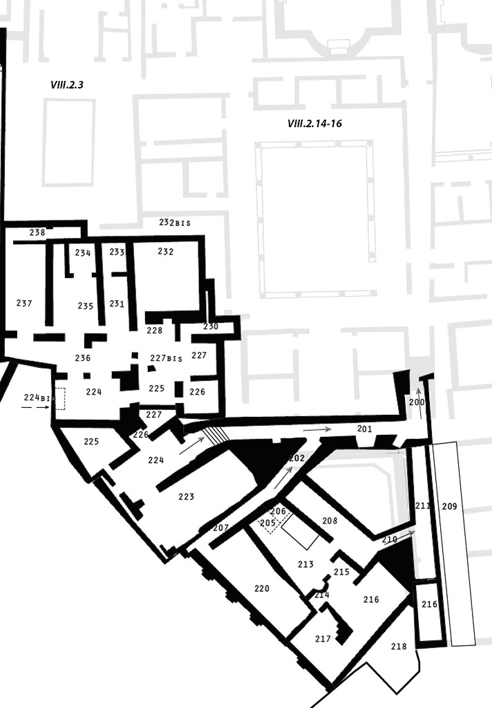 VIII.2.14-16 Pompeii. Plan of lower level, courtesy of Sandra Zanella.
See Zanella S., 2019. La caccia fu buona: Pour une histoire des fouilles à Pompéi de Titus à l’Europe. Naples : Centre Jean Bérard, planche II.