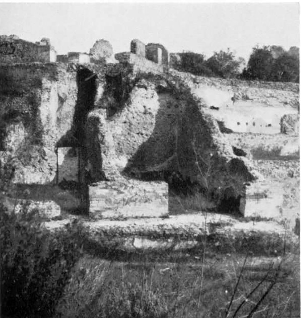 VIII.2.3/5/14/16 Pompeii. Pre 1936. Looking north-east towards lower levels at rear of house, with VIII.2.16 at top. 
These rooms are described in BdI, as being part of Group 4 comprising of two spacious rooms, see BdI 1892 plan, above. 
On the left would be Room 11 (Zanella 224) with doorway to corridor, on the right would be room 10, (Zanella 223).
See Noack, F. and Lehmann-Hartleben, K., 1936. Baugeschichtliche Untersuchungen am Stadtrand von Pompeji. Berlin: De Gruyter, taf. 53,4.
According to PPM – VIII.2.14-16 (p.74 and 75) – regarding rooms on lower levels -
“……and those (rooms) on the west side belonged in reality to the house at nos. 3-5.”
And -
“On the lower level, and reachable by stairs towards the west, were rooms 10-13, which had mosaic flooring and remains of paintings of mediocre quality.
The rooms (14-22), about 3m higher than the rooms 10-13, were probably reachable from the house at no. 3, even if built in the same building phase”.
(For photos taken of rooms 16 and 22, see VIII.2.3, pt.2). 
See Carratelli, G. P., 1990-2003. Pompei: Pitture e Mosaici. VIII. (8). Roma: Istituto della enciclopedia italiana, (p. 74 and 75).
See also Mau, in Bullettino dell’Instituto di Corrispondenza Archeologica (DAIR), 1892, p.3-16, and Tav. 1.