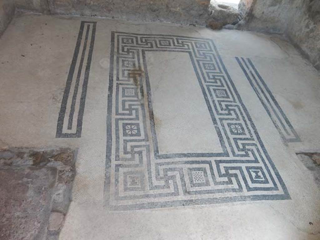 VIII.2.16 Pompeii. May 2018. Flooring in cubiculum on north side of atrium showing two areas for separate beds.  Photo courtesy of Buzz Ferebee.