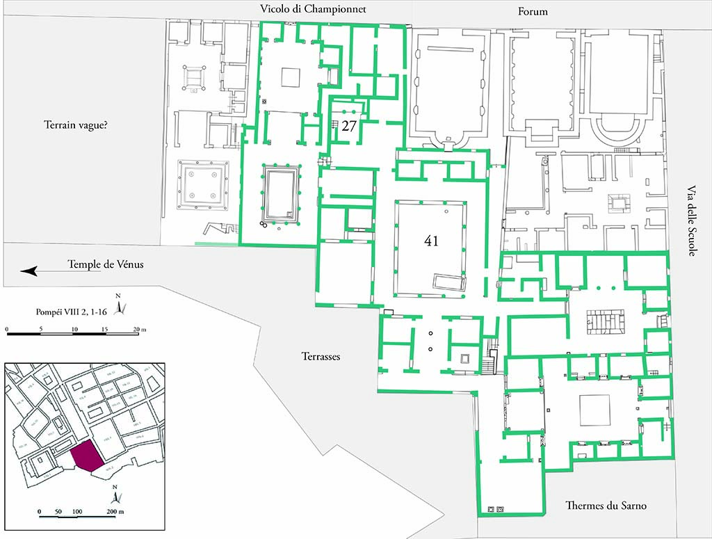 Fig. 1 - Pompéi, Maison des Mosaïques géométriques dans son contexte topographique.  
Photo courtoisie de Sandra Zanella. Agrandir / Enlarge (jpg, 2,2M)