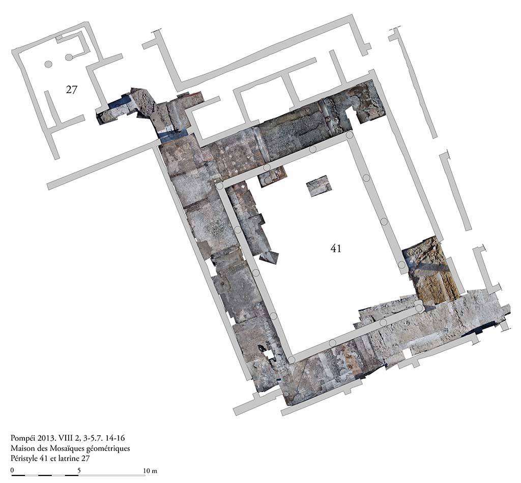 Fig. 2 - Pompéi, Maison des Mosaïques géométriques. L’aire d’intervention. 
Photomosaïque d’ensemble de pavements et des structures arasées découvertes pendant les opérations de nettoyage. 
Photo courtoisie de Sandra Zanella. Agrandir / Enlarge (jpg, 1,3M)