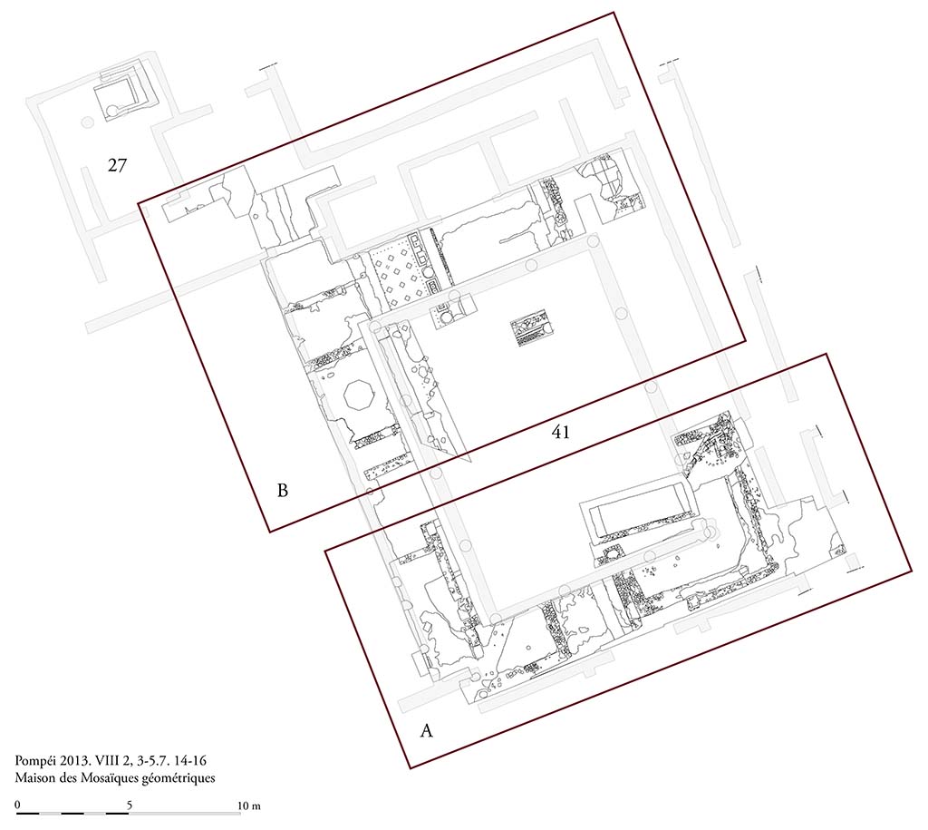 Fig. 3 - Pompéi, Maison des Mosaïques géométriques. Les structures découvertes. Relevé d’ensemble. 
Photo courtoisie de Sandra Zanella.  Agrandir / Enlarge (jpg, 1,1M)