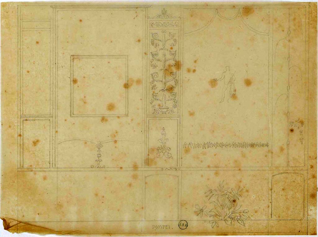 VIII.2.18 Pompeii. Undated drawing by Lesueur, possibly showing south/west wall of tablinum.  
See Lesueur, Jean-Baptiste Ciceron. Voyage en Italie de Jean-Baptiste Ciceron Lesueur (1794-1883), pl. 98.
See Book on INHA référence INHA NUM PC 15469 (04)  « Licence Ouverte / Open Licence » Etalab