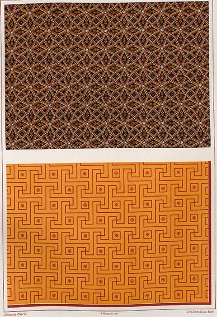 VIII.2.18 Pompeii. Two decorations which, according to Niccolini, were both from this house.
See Niccolini F, 1896. Le case ed i monumenti di Pompei: Volume Quarto. Napoli. Tav. VII.
(note: these had already been entered in VIII.2.26, upper drawing, and VIII.2.30, lower drawing).
According to PPM –
VIII.2.26, triclinium 6: 
Niccolini's panel reconstructs the scheme of the decoration of the vault with a combination of lozenges, triangles and squares outlined in red and yellow on a black background to obtain a design of stars within dodecagons. Palmettes and small corolla with four petals, in the centre of the geometric elements, complete the decoration.
See Carratelli, G. P., 1990-2003. Pompei: Pitture e Mosaici: Vol. VIII. Roma: Istituto della enciclopedia italiana, (p.224, no.64).
VIII.2.30, triclinium 17 on the first lower floor, north wall:
With the exception of the zoccolo/dado/plinth painted in black, the walls and vault of this room were uniformly painted yellow with a network of swastika meanders and red squares which unfolded continuously on all the surfaces.
See Carratelli, G. P., 1990-2003. Pompei: Pitture e Mosaici: Vol. VIII. Roma: Istituto della enciclopedia italiana, (p.260, photograph no.37)
Niccolini's panel proposes a detail of the continuous decoration of this environment with the faithful restitution of the colours and the detail of the four-petal rosette in the squares.
See Carratelli, G. P., 1990-2003. Pompei: Pitture e Mosaici: Vol. VIII. Roma: Istituto della enciclopedia italiana, (p.261, no. 38)
