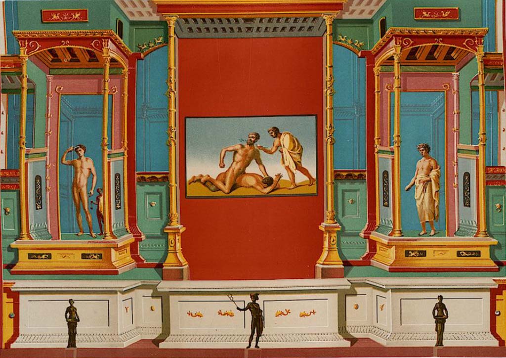 VIII.2.23 Pompeii. 1896 painting of east wall. 
See Niccolini F, 1896. Le case ed i monumenti di Pompei: Volume Quarto. Napoli. (Nuovo Scavi, tav.3).