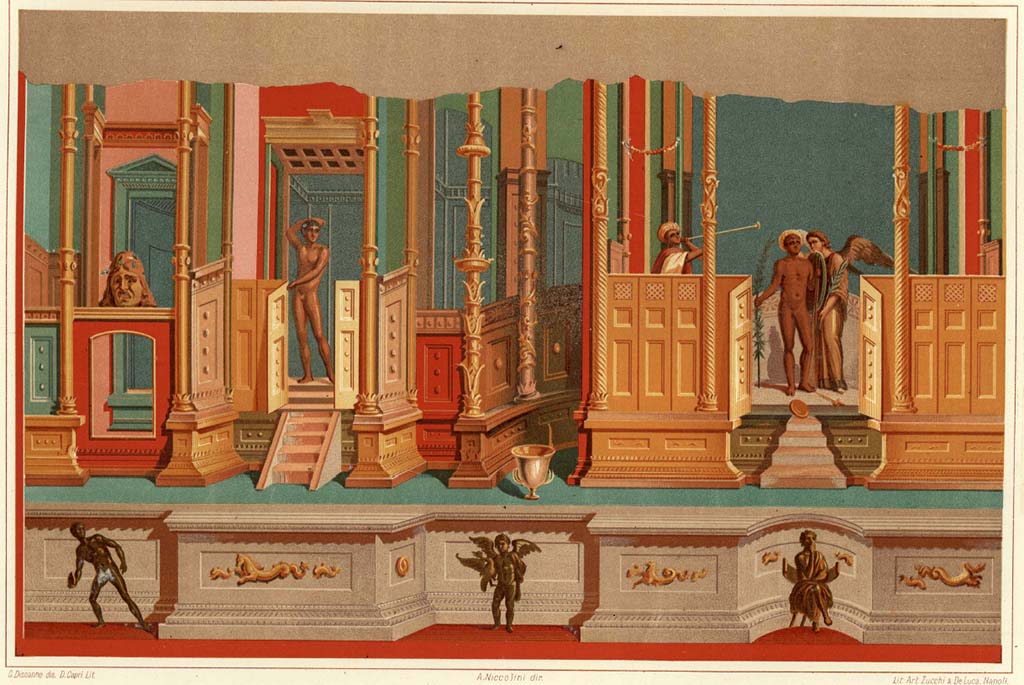 VIII.2.23 Pompeii. Painting by Discanno, showing detail of painting on the south wall, at the east end.
See Niccolini F, 1896. Le case ed i monumenti di Pompei: Volume Quarto. Napoli, Nuovi Scavi, Tav. VI.