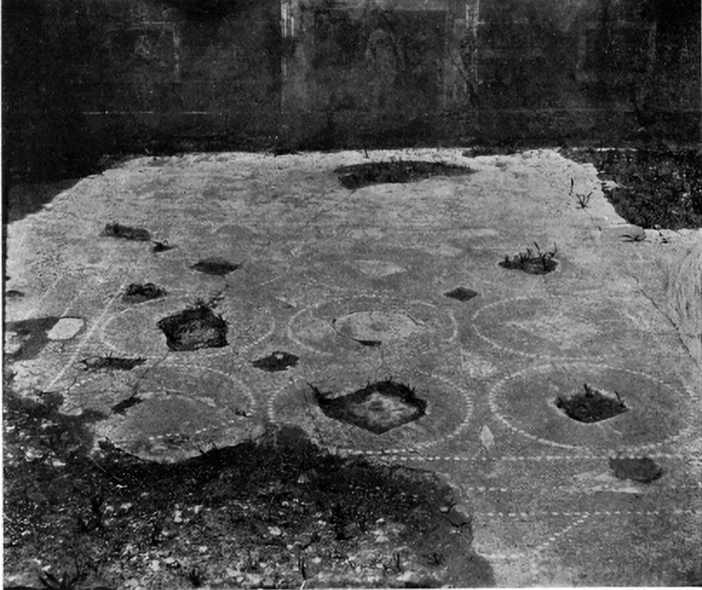 VIII.2.26 Pompeii. c.1930. Flooring from room on right of entrance, room ‘r’, the triclinium.
In the centre of the room, under the table, would have been a design with nine circles surrounded by a frame, set into the flooring.  
See Blake, M., (1930). The pavements of the Roman Buildings of the Republic and Early Empire. Rome, MAAR, 8, (p.33, ftn. 5 & Pl.5 tav.2).