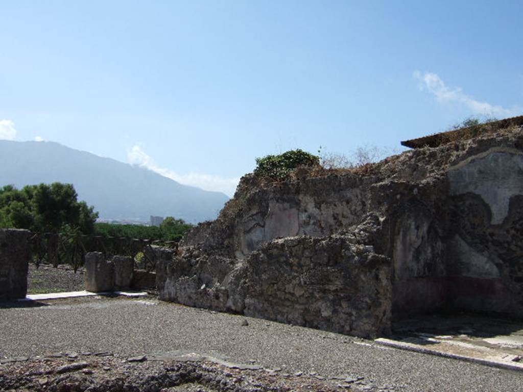 VIII.2.26 Pompeii. September 2005. 
South-west corner of atrium, with entrance to garden terrace ‘s’, and doorways to triclinium ‘n’ and cubiculum ‘o’.
(Note: our triclinium ‘n’ (and also PPM) is the same room as NdS room “q”, centre left in above photo.
Room “p” (as in NdS below), is the room in the south-east corner of the east side of the atrium, our room “m”.)
According to NdS –
“The room to the west of the tablinum, room "q" was similarly decorated to room “p”, with yellow background, black zoccolo and mosaic floor. 
In the middle of its west wall you could still see the remains of a painting, but even those remains were very destroyed: here one could see, just to the right a manly figure, naked except for a cloak around the loins, he was painted almost from behind, rising on his feet, and stretching as much as he could, stretched his arms to reach a height that was not well discerned. In the side panels of the walls were flying cupids.” 
Near to this room was the staircase "r" by which you descended to the floor beneath. 
See Notizie degli Scavi di Antichità, 1888, (p. 513).
