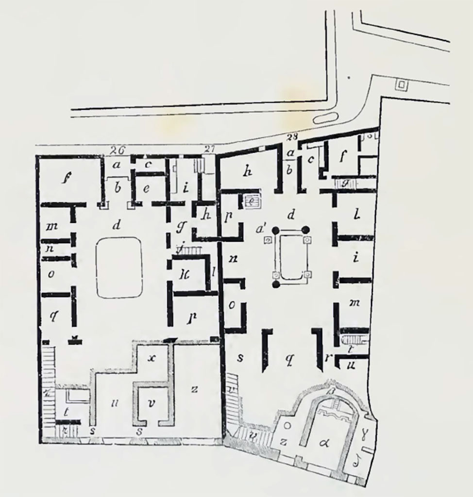 VIII.2.28 Pompeii. 1888 plan of house, on right, combined with VIII.2.26/27 on left.
(Bold black = floor at street level, Grey = lower floor). 
See Notizie degli Scavi di Antichità, 1888, p.510.