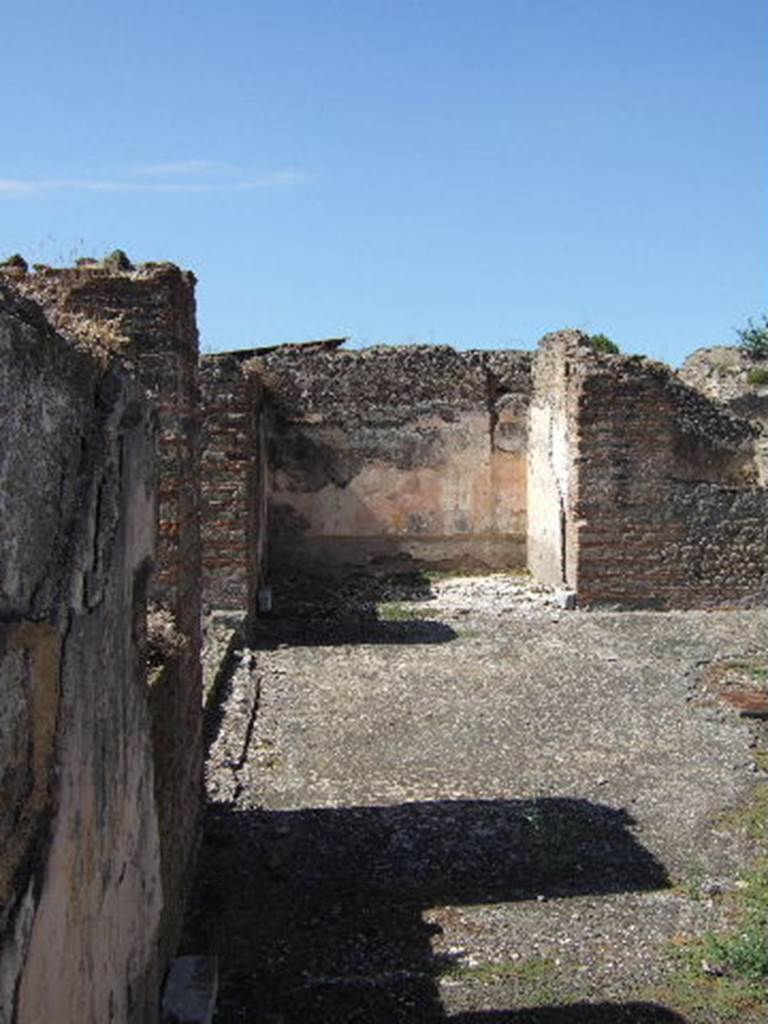 VIII.2.30 Pompeii. September 2005. Looking west across south side of atrium, from east ala to west ala.
According to PPM –
“The threshold of the west ala was “of white mosaic with decorations in black and red”, this was seen by Mau (BdI, 1885, p.86).
It did not exist anymore by the 1930’s (Pernice, p.74), whereas the beaten travertine bedded into greyish mortar still existed.”
See Carratelli, G. P., 1990-2003. Pompei: Pitture e Mosaici. VIII. (8). Roma: Istituto della enciclopedia italiana, p. 246, fig.10.