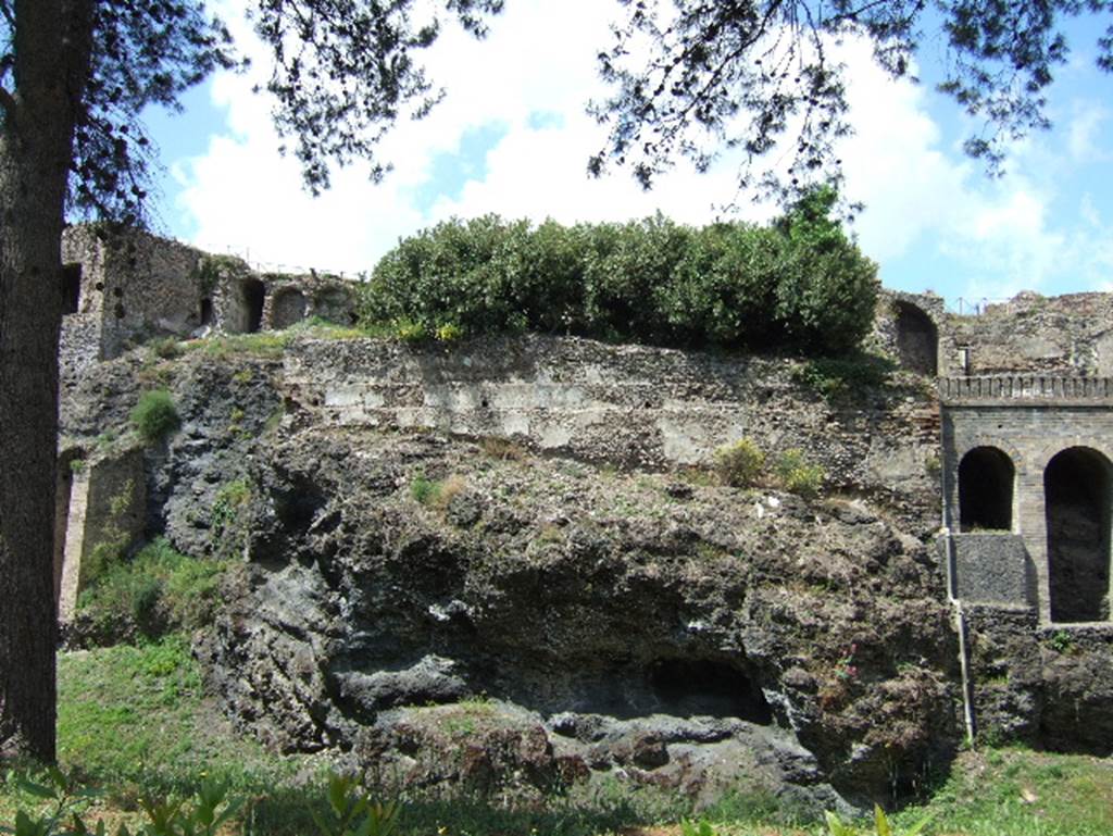 VIII.2.28, VIII.2.29, VIII.2.30 centre and VIII.2.34 from rear.
The rear garden would have been built on the volcanic ledge, behind the green bushes.  According to Jashemski, in the eastern house, VIII.2.30, the rooms at the rear opened onto a narrow portico (2.20m wide) supported by columns joined by a wooden fence. A few steps led down from this portico to the small garden which had been built over and beyond the city wall by constructing a support wall on the lava ledge.
In the middle of the garden was a pool. On the street level, the rooms at the rear of this double house opened onto two wide terraces from which there would have been a magnificent view. See Jashemski, W. F., 1993. The Gardens of Pompeii, Volume II: Appendices. New York: Caratzas. (p.208)