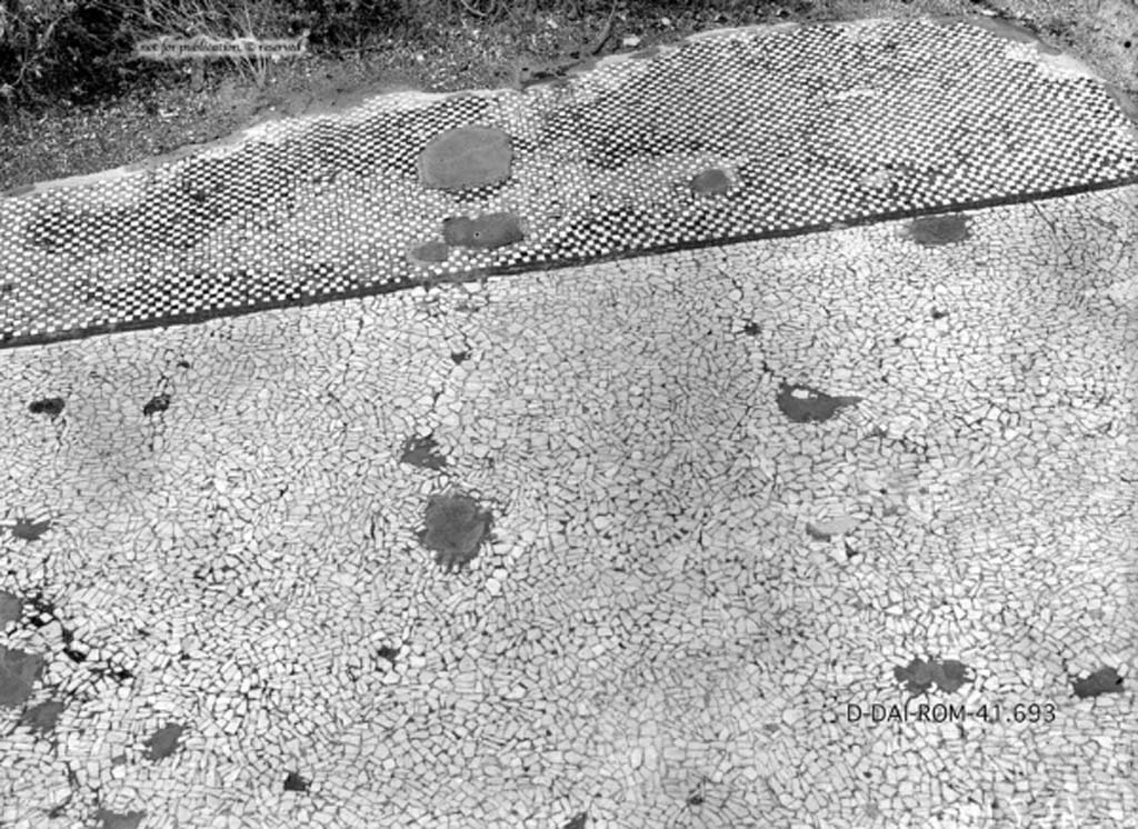 VIII.2.34 Pompeii. c.1930. Flooring in east ala, room “h”.
The flooring consisted of beaten flakes of travertine and was separated from the atrium by a mosaic threshold (0.58m wide), in which the black and white tesserae alternate, and had a narrow band of two rows of masonry tesserae bordering around them.  
DAIR 41.693. Photo © Deutsches Archäologisches Institut, Abteilung Rom, Arkiv.
See Pernice, E.  1938. Pavimente und Figürliche Mosaiken: Die Hellenistische Kunst in Pompeji, Band VI. Berlin: de Gruyter, (tav. 32.4, above.)